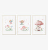 Conjunto com 3 Quadros Fada e Cogumelo Candy Moldura Filete Branca - Vertical