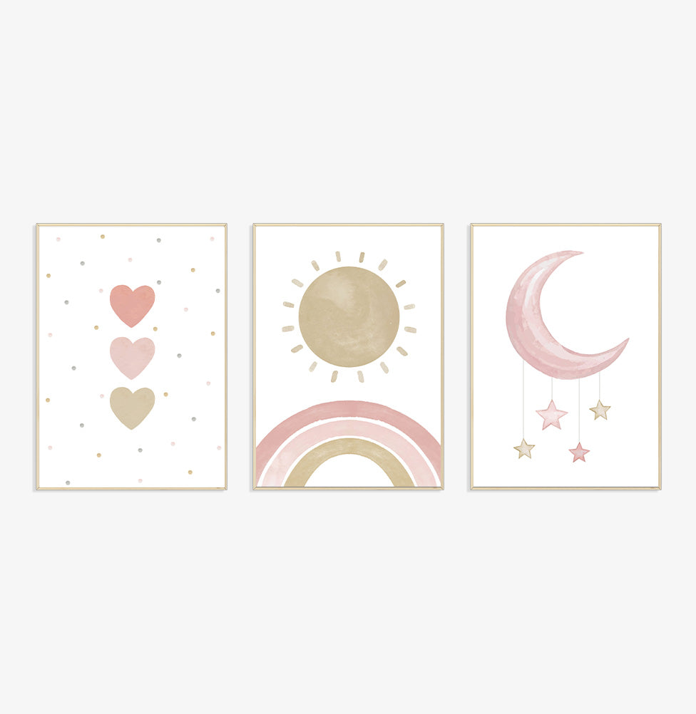 Conjunto com 3 Quadros Coração, Lua e Arco Íris Rosa Moldura Filete Pinus - Vertical