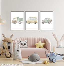 Conjunto com 3 Quadros Carros Aquarela Colors Moldura Filete Preta