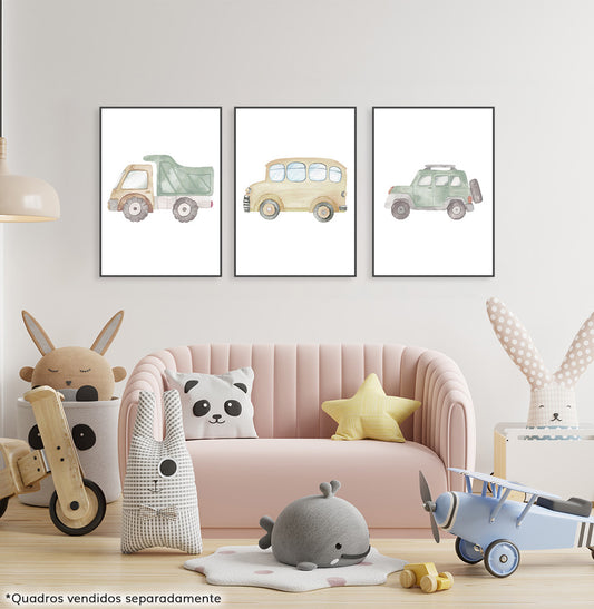 Conjunto com 3 Quadros Carros Aquarela Colors Moldura Filete Preta