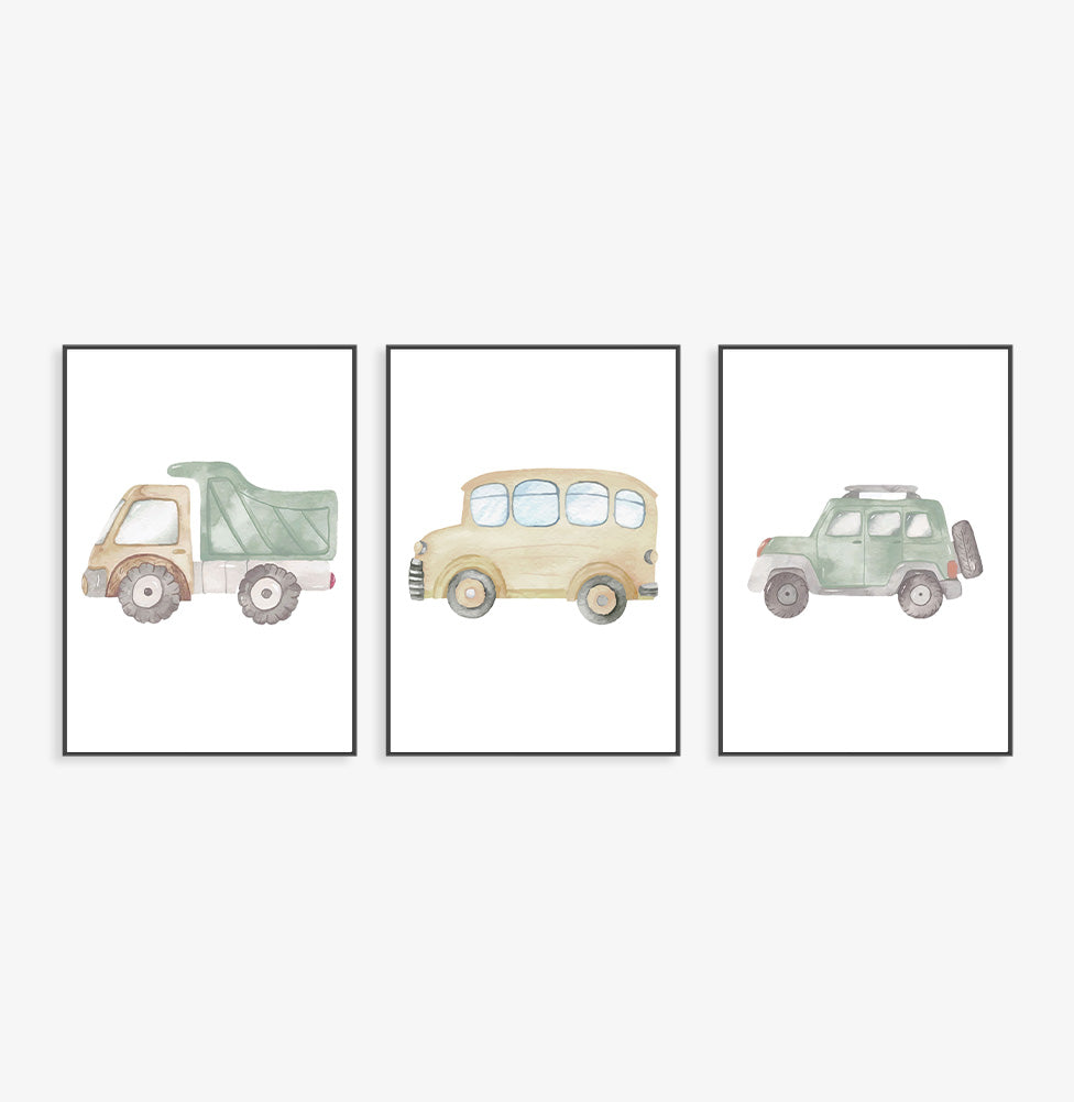 Conjunto com 3 Quadros Carros Aquarela Colors Moldura Filete Preta