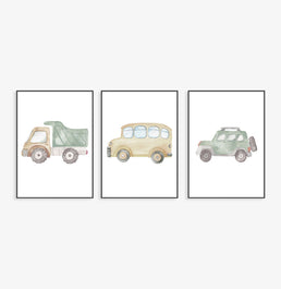 Conjunto com 3 Quadros Carros Aquarela Colors Moldura Filete Preta