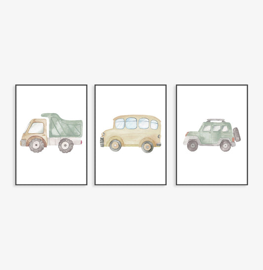 Conjunto com 3 Quadros Carros Aquarela Colors Moldura Filete Preta