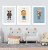Conjunto com 3 Quadros Urso Polo Azul Moldura Filete Preta