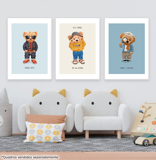 Conjunto com 3 Quadros Urso Polo Azul Moldura Filete Preta