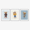 Conjunto com 3 Quadros Urso Polo Azul Moldura Filete Preta