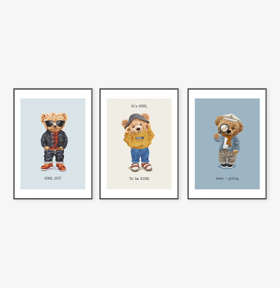 Conjunto com 3 Quadros Urso Polo Azul Moldura Filete Preta
