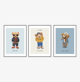 Conjunto com 3 Quadros Urso Polo Azul Moldura Filete Preta