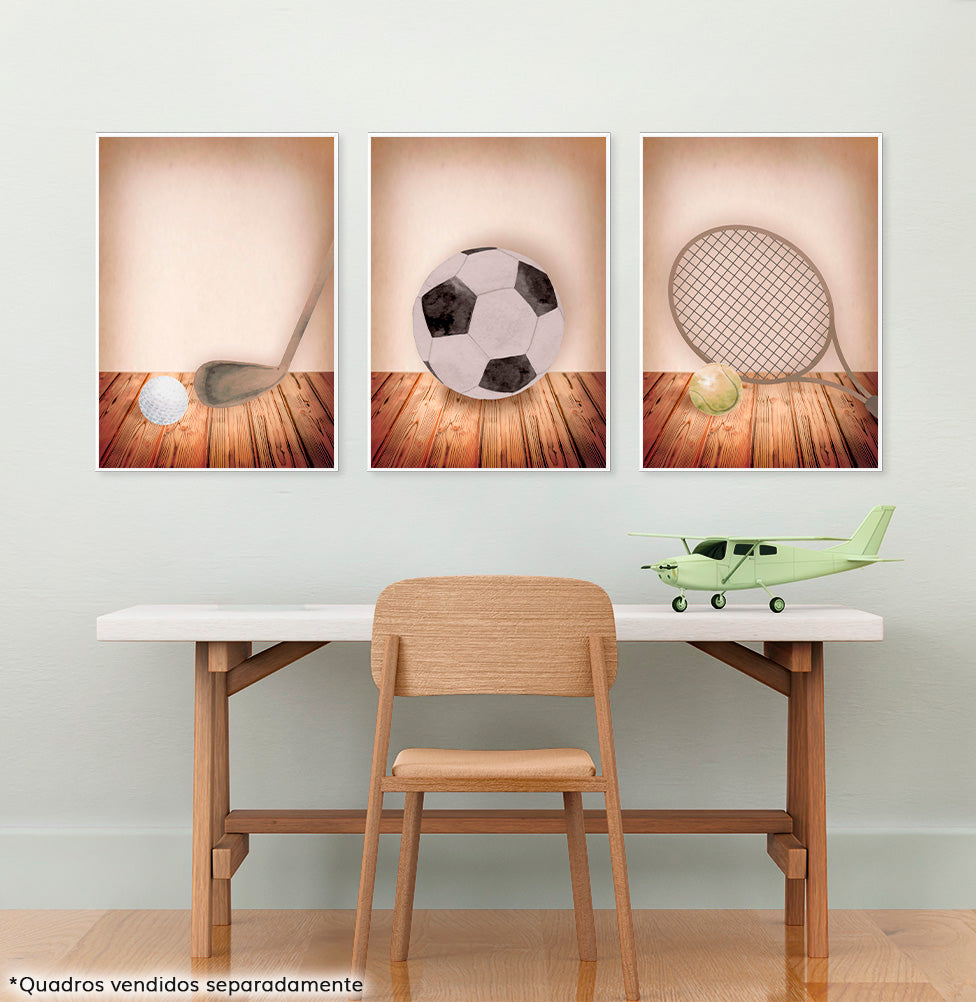 Conjunto com 3 Quadros Golf, Futebol e Tênis Aquarela Bege Moldura Filete Branca