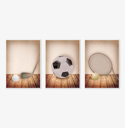 Conjunto com 3 Quadros Golf, Futebol e Tênis Aquarela Bege Moldura Filete Branca