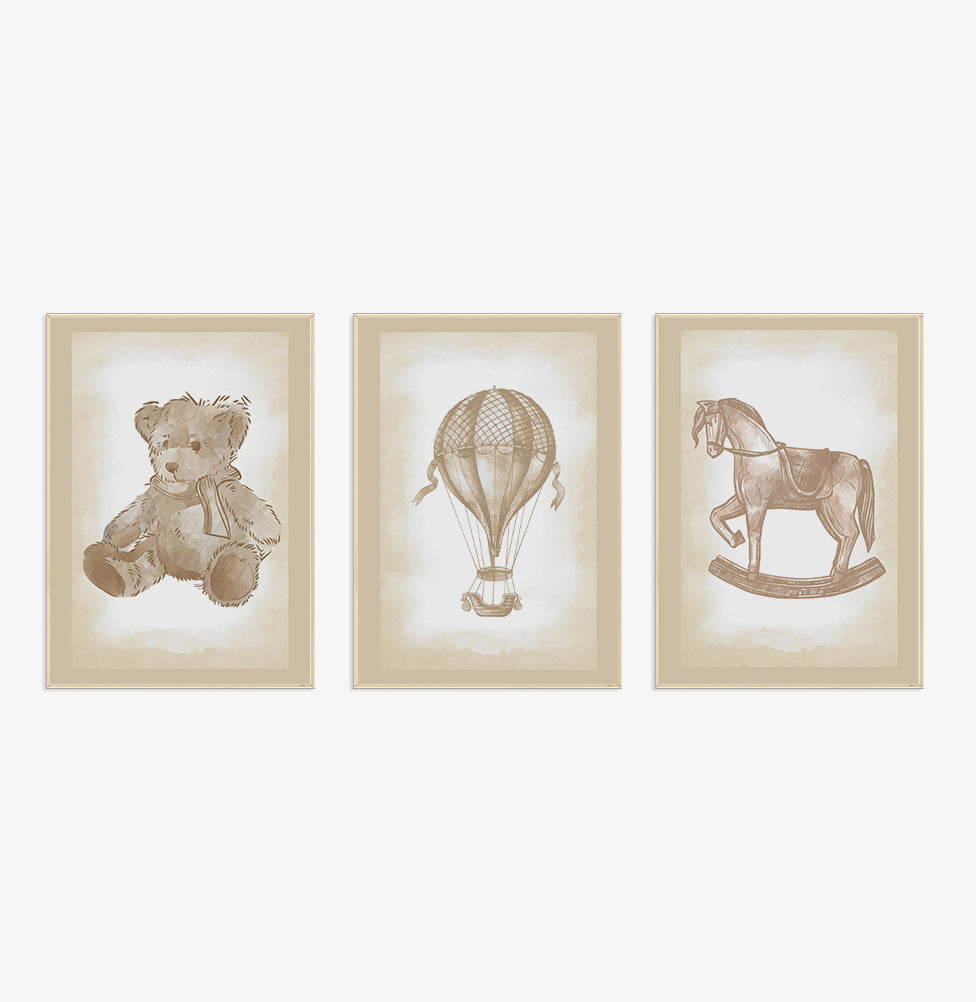 Conjunto com 3 Quadros Urso, Balão e Cavalinho Classic Bege Moldura Filete Pinus