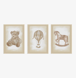 Conjunto com 3 Quadros Urso, Balão e Cavalinho Classic Bege Moldura Filete Pinus