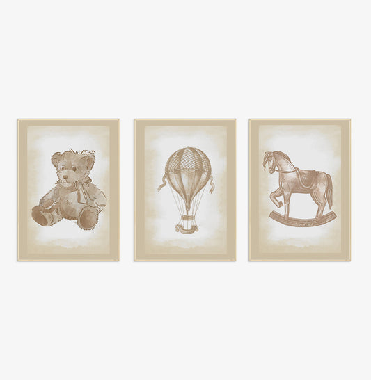 Conjunto com 3 Quadros Urso, Balão e Cavalinho Classic Bege Moldura Filete Pinus