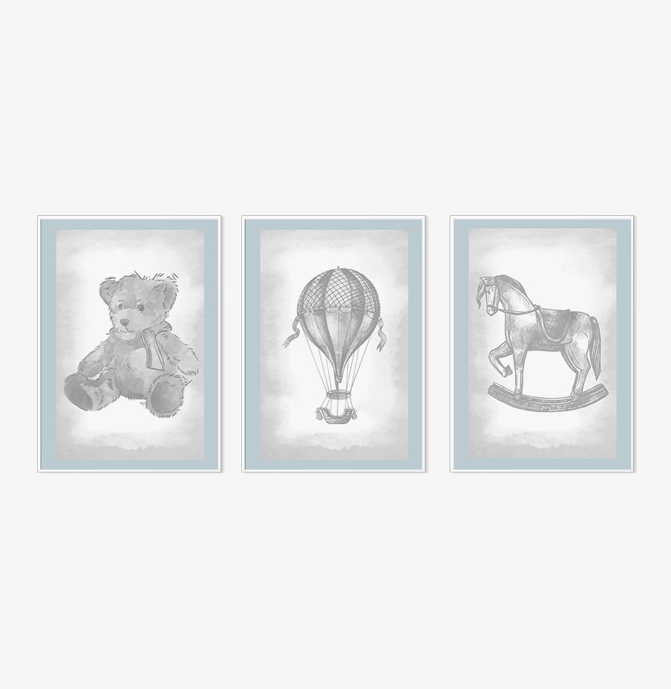 Conjunto com 3 Quadros Urso, Balão e Cavalinho Classic Azul Moldura Filete Branca