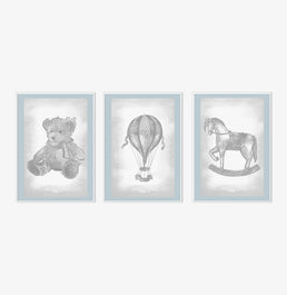 Conjunto com 3 Quadros Urso, Balão e Cavalinho Classic Azul Moldura Filete Branca