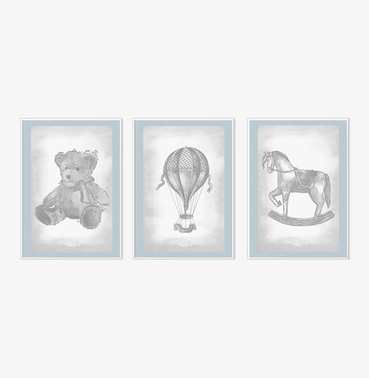 Conjunto com 3 Quadros Urso, Balão e Cavalinho Classic Azul Moldura Filete Branca
