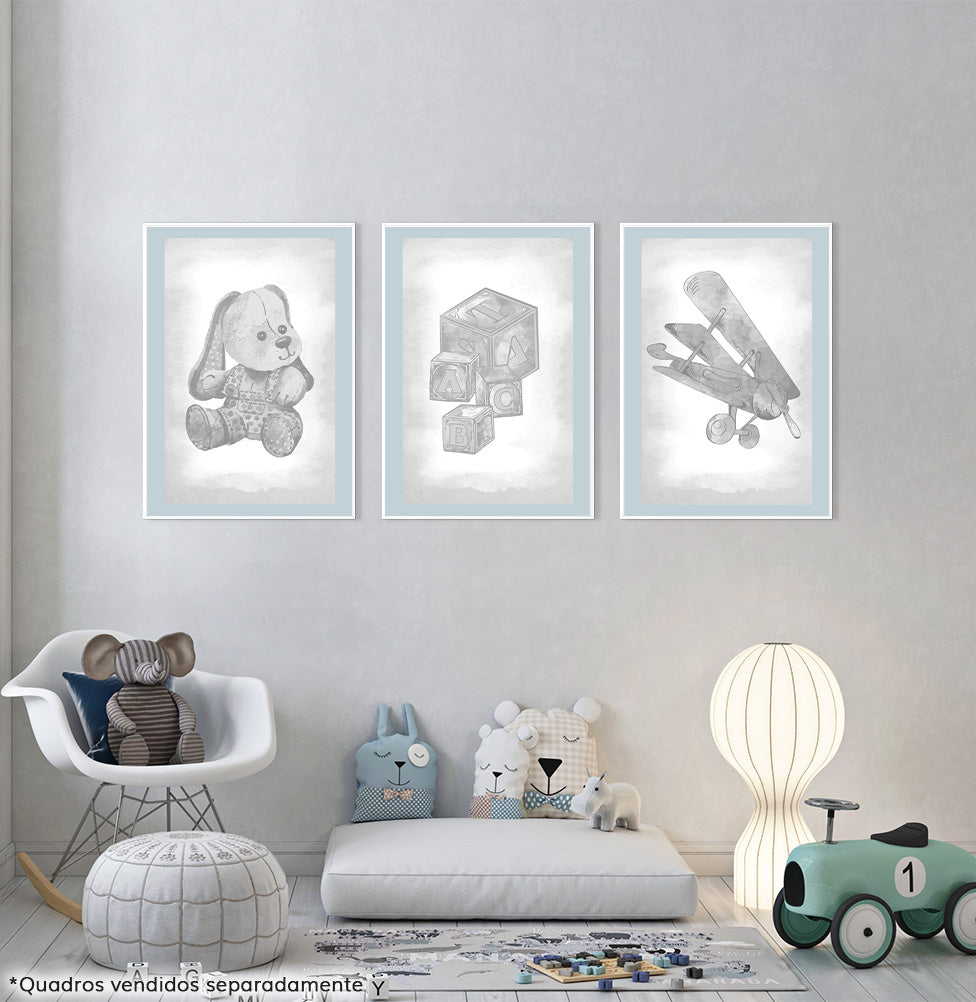 Conjunto com 3 Quadros Cachorro, Avião e Cubos Classic Azul Moldura Filete Branca
