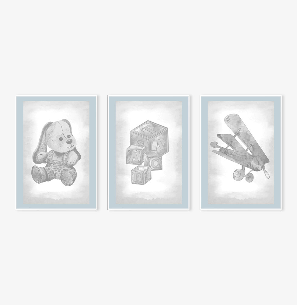 Conjunto com 3 Quadros Cachorro, Avião e Cubos Classic Azul Moldura Filete Branca
