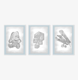 Conjunto com 3 Quadros Cachorro, Avião e Cubos Classic Azul Moldura Filete Branca