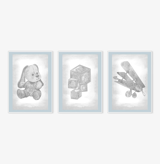 Conjunto com 3 Quadros Cachorro, Avião e Cubos Classic Azul Moldura Filete Branca