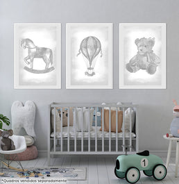 Conjunto com 3 Quadros Urso, Balão e Cavalinho Classic Cinza Moldura Filete Branca