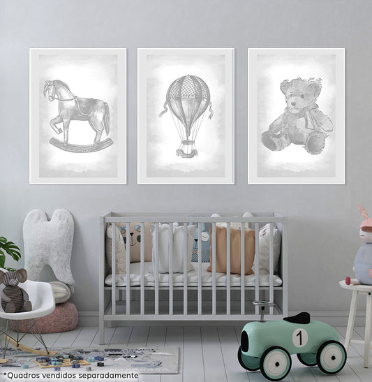 Conjunto com 3 Quadros Urso, Balão e Cavalinho Classic Cinza Moldura Filete Branca