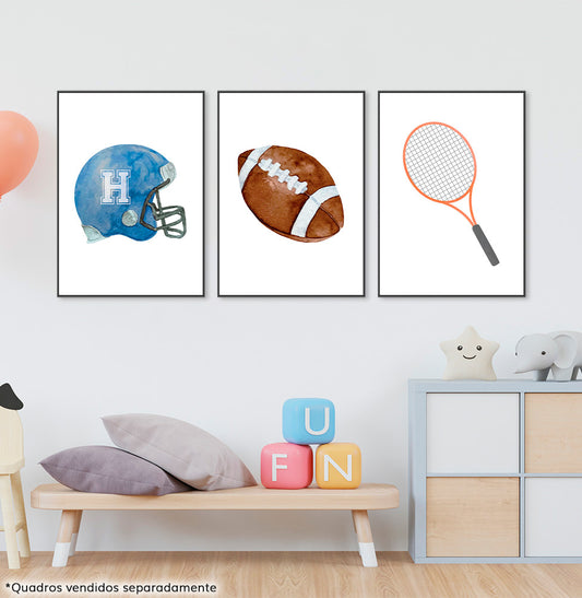 Conjunto com 3 Quadros Capacete, Bola de Futebol Americano e Raquete Moldura Filete Preta