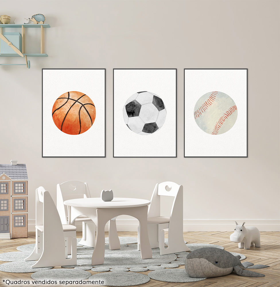 Conjunto com 3 Quadros Bolas Futebol, Tênis e Basquete Moldura Filete Preta