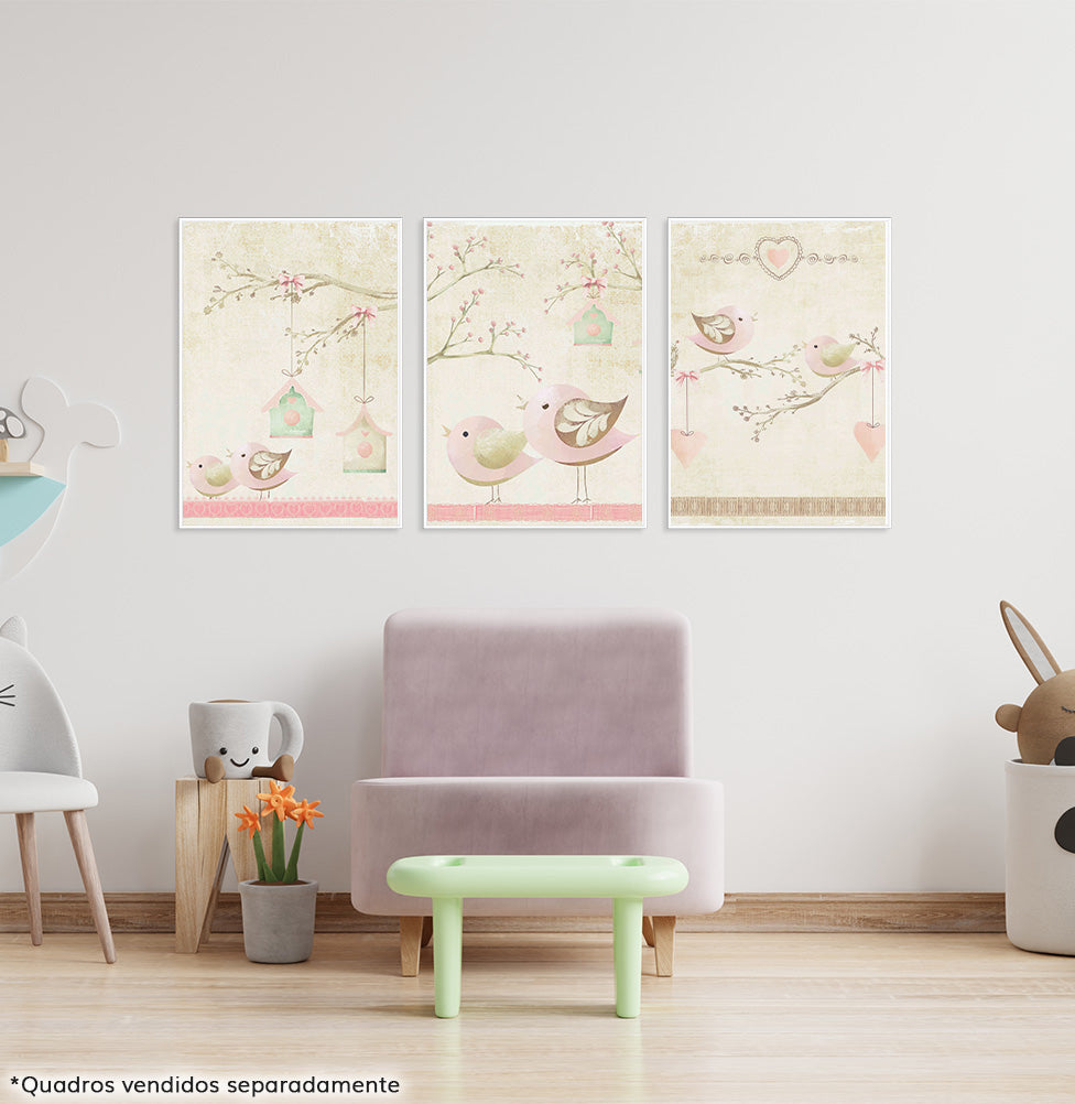 Conjunto com 3 Quadros Coleção Passarinhos Moldura Filete Branca