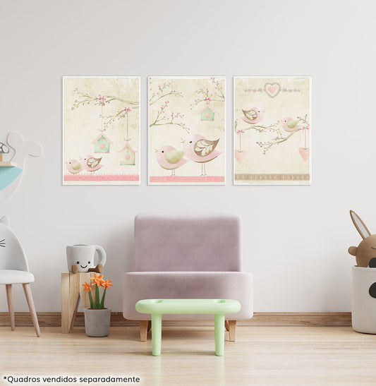 Conjunto com 3 Quadros Coleção Passarinhos Moldura Filete Branca