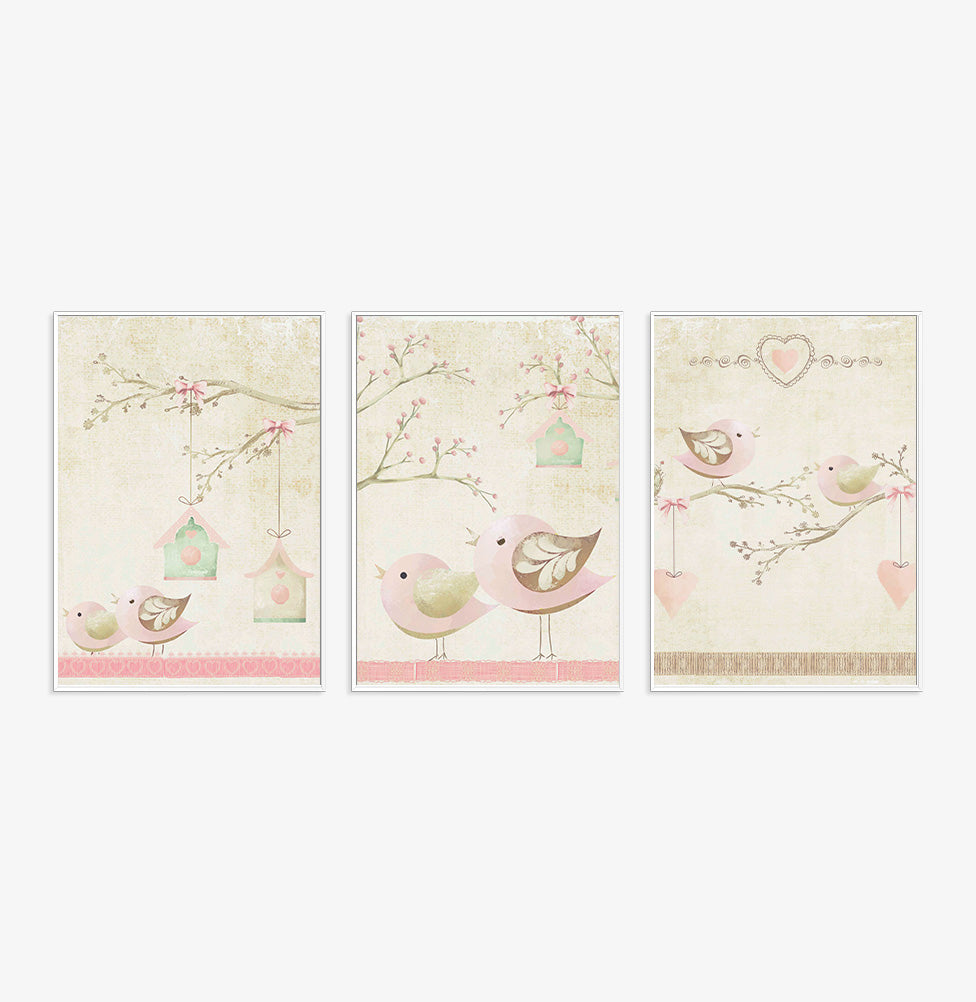 Conjunto com 3 Quadros Coleção Passarinhos Moldura Filete Branca