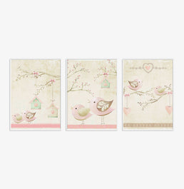 Conjunto com 3 Quadros Coleção Passarinhos Moldura Filete Branca