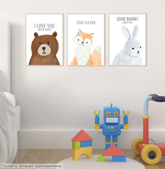 Conjunto com 3 Quadros Coelho, Urso e Raposa Moldura Filete Pinus