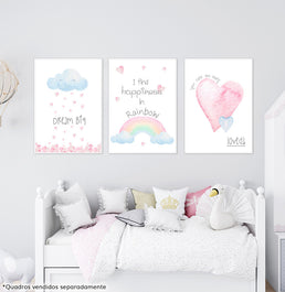 Conjunto com 3 Quadros Nuvem, Arco-Íris e Coração Moldura Filete Branca