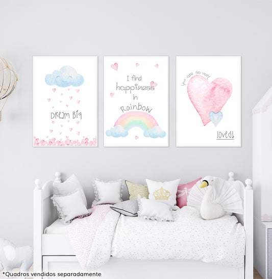 Conjunto com 3 Quadros Nuvem, Arco-Íris e Coração Moldura Filete Branca