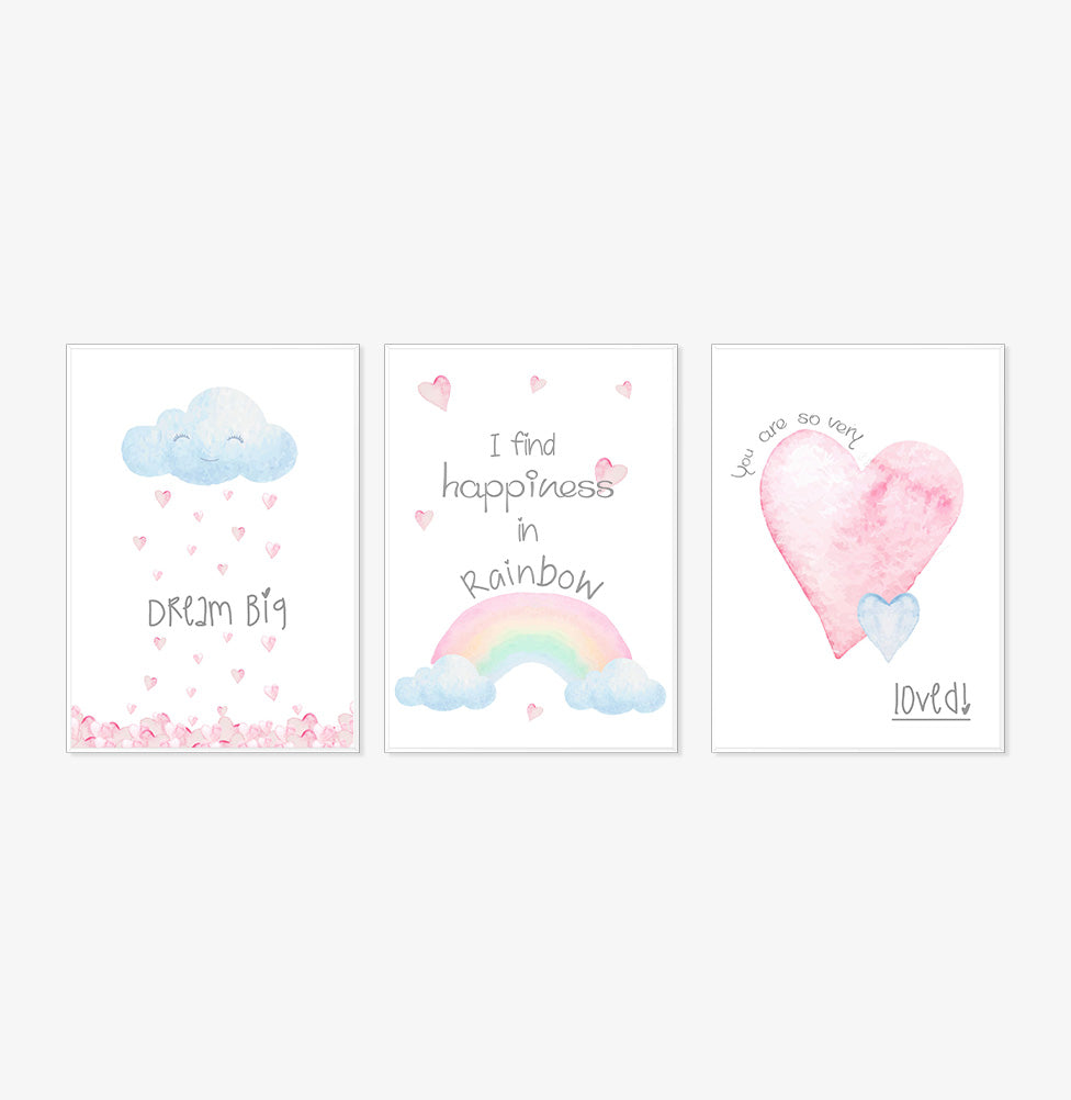 Conjunto com 3 Quadros Nuvem, Arco-Íris e Coração Moldura Filete Branca