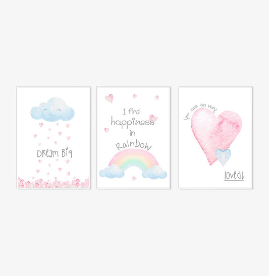 Conjunto com 3 Quadros Nuvem, Arco-Íris e Coração Moldura Filete Branca