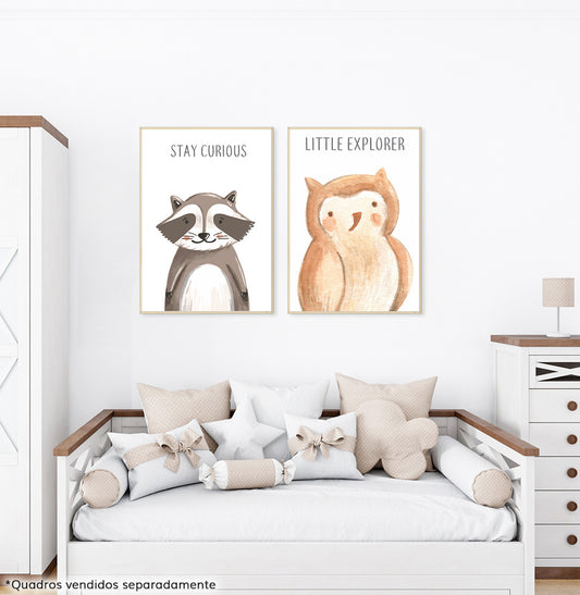 Conjunto com 2 Quadros Esquilo e Coruja Moldura Filete Pinus