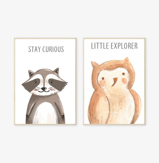 Conjunto com 2 Quadros Esquilo e Coruja Moldura Filete Pinus