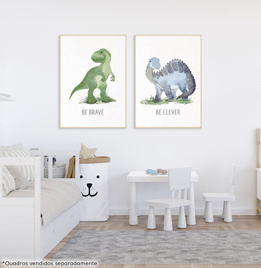 Conjunto com 2 Quadros T-Rex e Brontossauro Moldura Filete Pinus