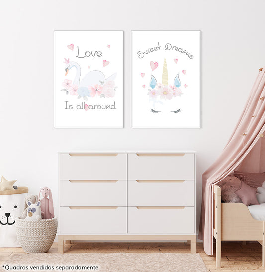 Conjunto com 2 Quadros Cisne e Unicórnio Moldura Filete Branca