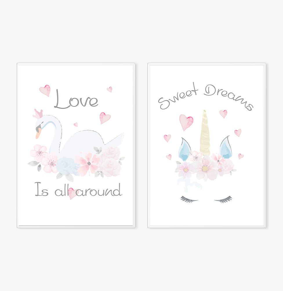 Conjunto com 2 Quadros Cisne e Unicórnio Moldura Filete Branca