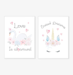 Conjunto com 2 Quadros Cisne e Unicórnio Moldura Filete Branca