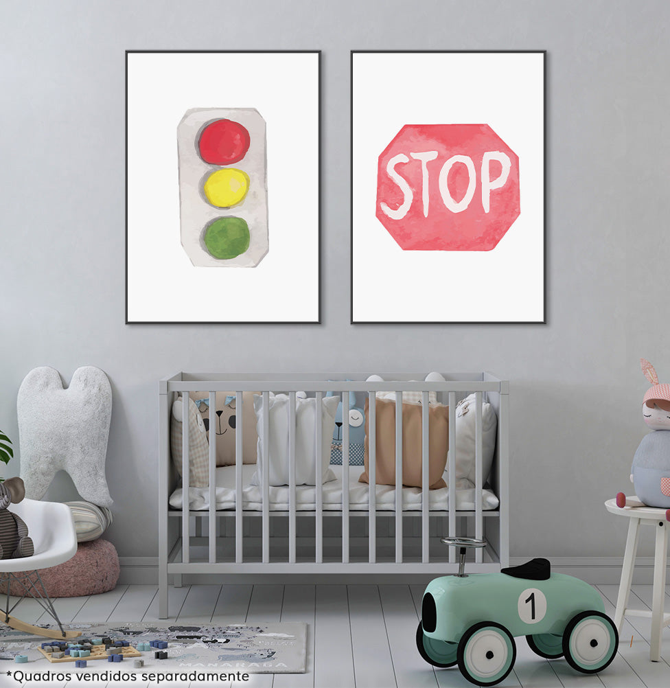 Conjunto com 2 Quadros Stop e Semáforo Moldura Filete Preta