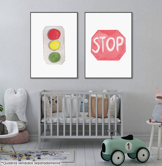 Conjunto com 2 Quadros Stop e Semáforo Moldura Filete Preta