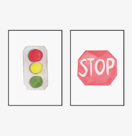 Conjunto com 2 Quadros Stop e Semáforo Moldura Filete Preta