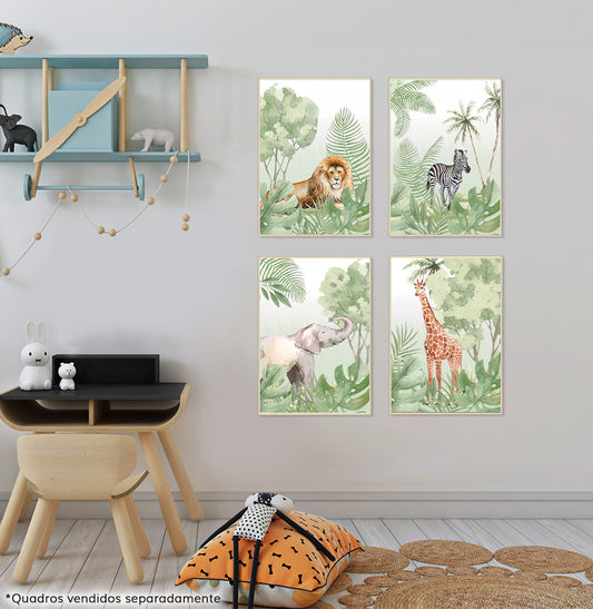 Conjunto com 4 Quadros Animais Safari Verde Moldura Filete Pinus
