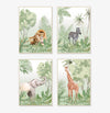 Conjunto com 4 Quadros Animais Safari Verde Moldura Filete Pinus