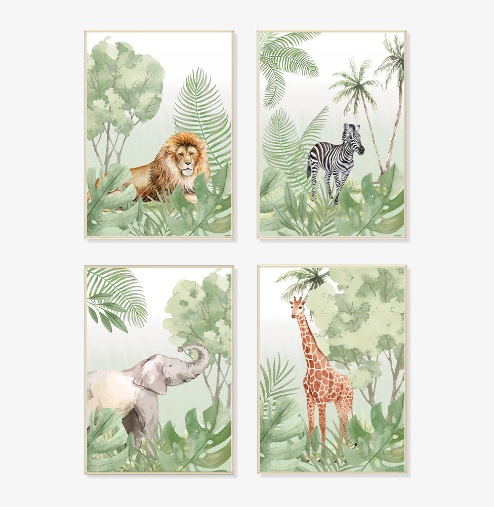 Conjunto com 4 Quadros Animais Safari Verde Moldura Filete Pinus