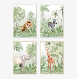 Conjunto com 4 Quadros Animais Safari Verde Moldura Filete Pinus